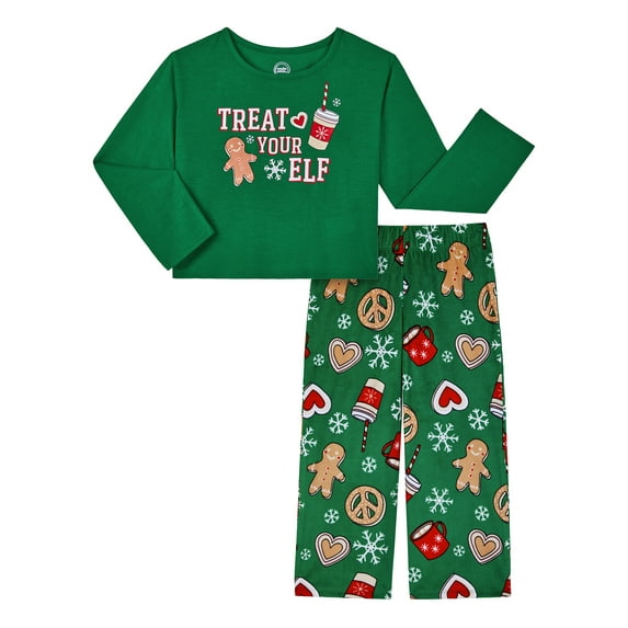 Wonder Nation Girls Holiday Long Sleeve Top and Wide Leg Pant Pajama Set, 2-Piece, Sizes 4-18 & Plus