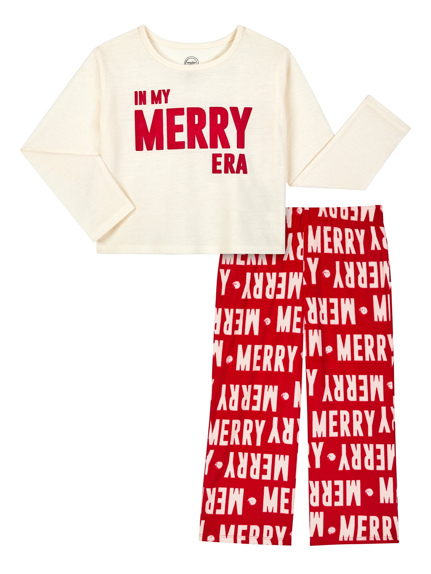 Wonder Nation Girls Holiday Long Sleeve Top and Wide Leg Pant Pajama Set, 2-Piece, Sizes 4-18 & Plus