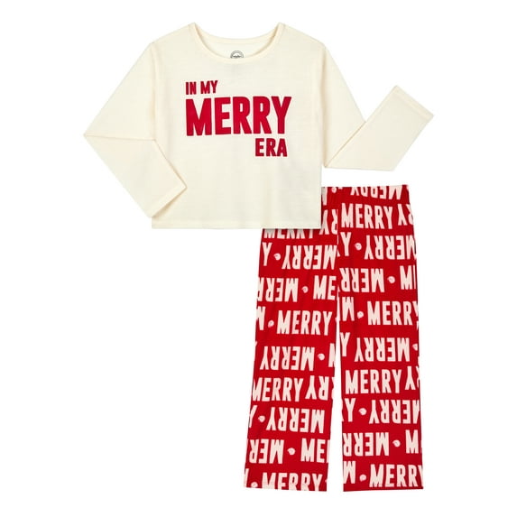 Wonder Nation Girls Holiday Long Sleeve Top and Wide Leg Pant Pajama Set, 2-Piece, Sizes 4-18 & Plus