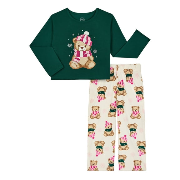 Wonder Nation Girls Holiday Long Sleeve Top and Wide Leg Pant Pajama Set, 2-Piece, Sizes 4-18 & Plus