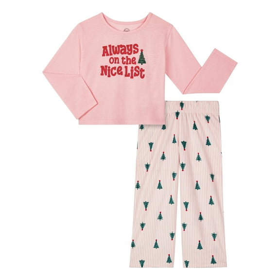 Wonder Nation Girls Holiday Long Sleeve Top and Wide Leg Pant Pajama Set, 2-Piece, Sizes 4-18 & Plus