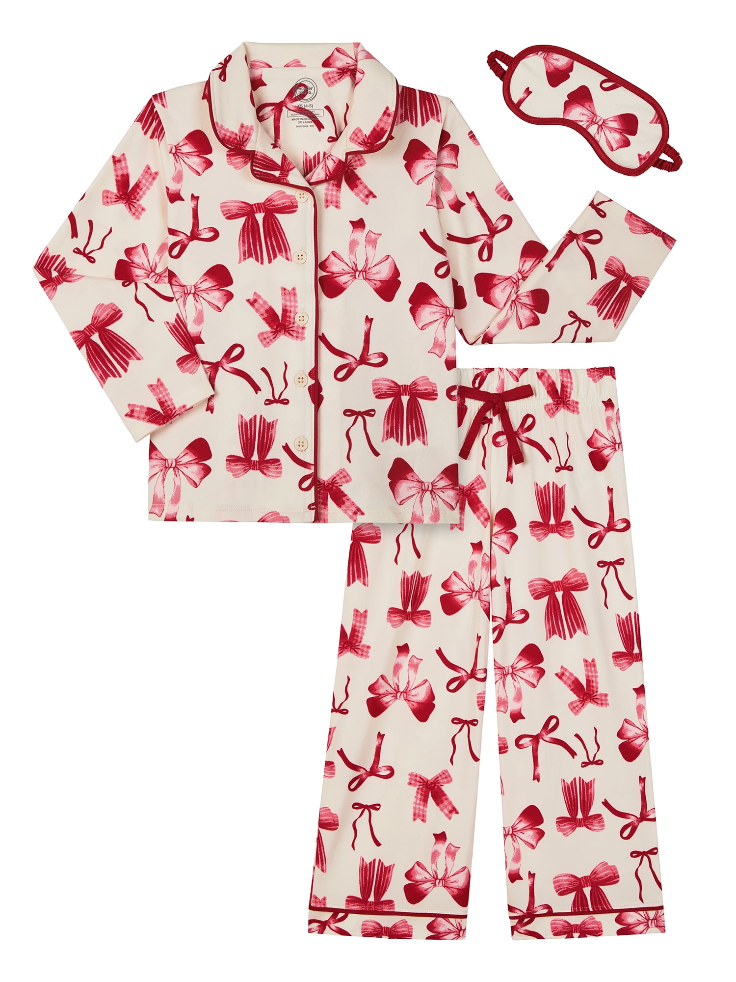 Wonder Nation Girls Long Sleeve Button Front Pajama Top and Pants Set with Eyemask, 3-Piece, Sizes 4-18