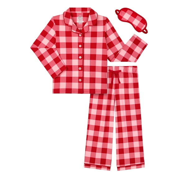 Wonder Nation Girls Long Sleeve Button Front Pajama Top and Pants Set with Eyemask, 3-Piece, Sizes 4-18