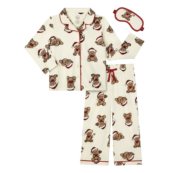 Wonder Nation Girls Long Sleeve Button Front Pajama Top and Pants Set with Eyemask, 3-Piece, Sizes 4-18