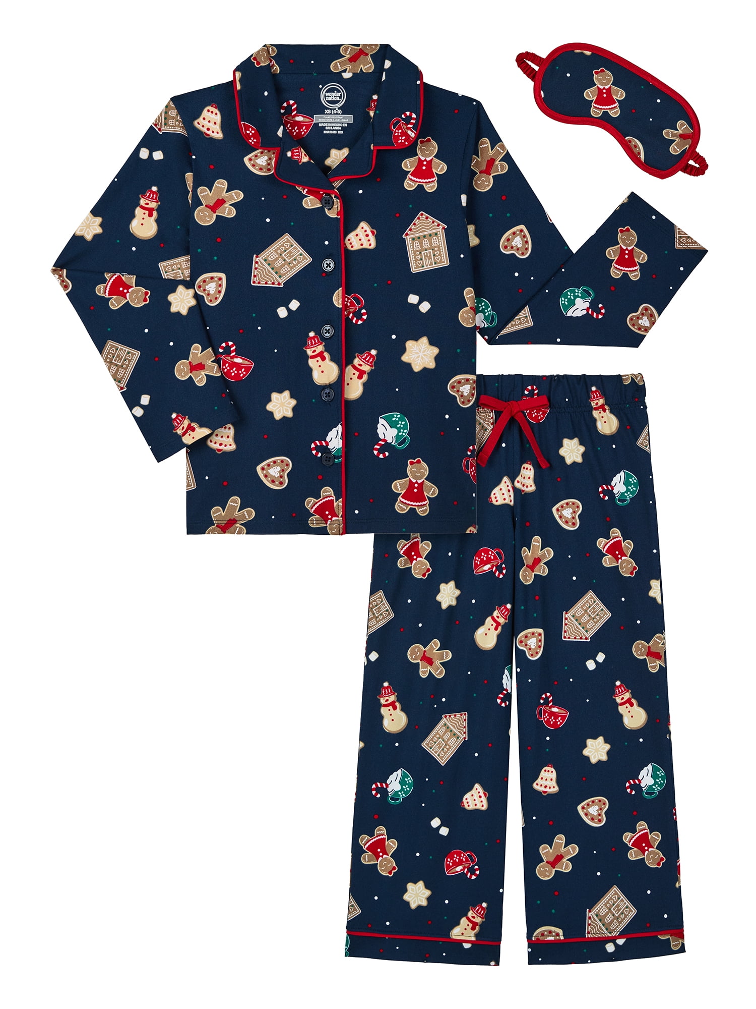 Wonder Nation Girls Long Sleeve Button Front Pajama Top and Pants Set with Eyemask, 3-Piece, Sizes 4-18