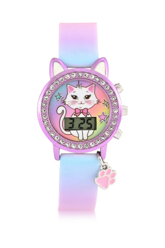 WN5036WM Wondernation Kids Flashing Lights LCD Watch with Printed Strap and Hanging Paw Print Charm