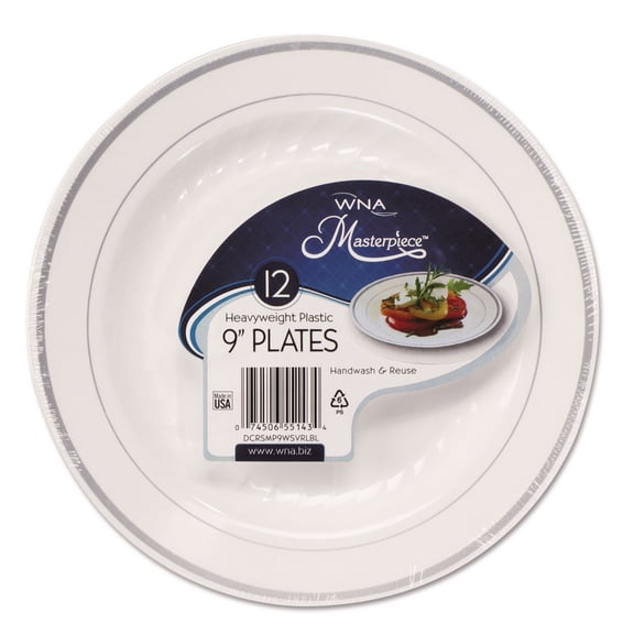 WNA RSMP91210WS 9 in. Diameter Masterpiece Plastic Plates - White/Silver (120/Carton)