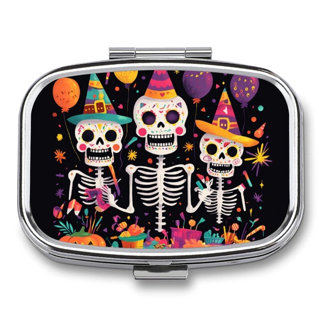 WNAGSB Festive Skeleton Heads 54 Small Pill Box, Metal Pill Box