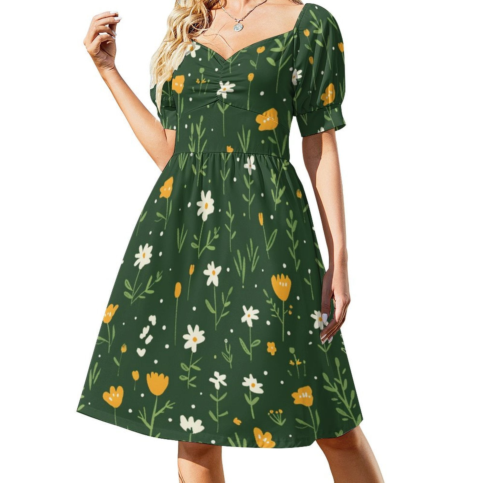 WNAGSB Whimsical Green Ditsy 1328 Women s Square Neck Dress Puff Sleeve Mini Dress Casual A Line Short Sundress Ruffle Flowy Beach Summer Dress Walmart