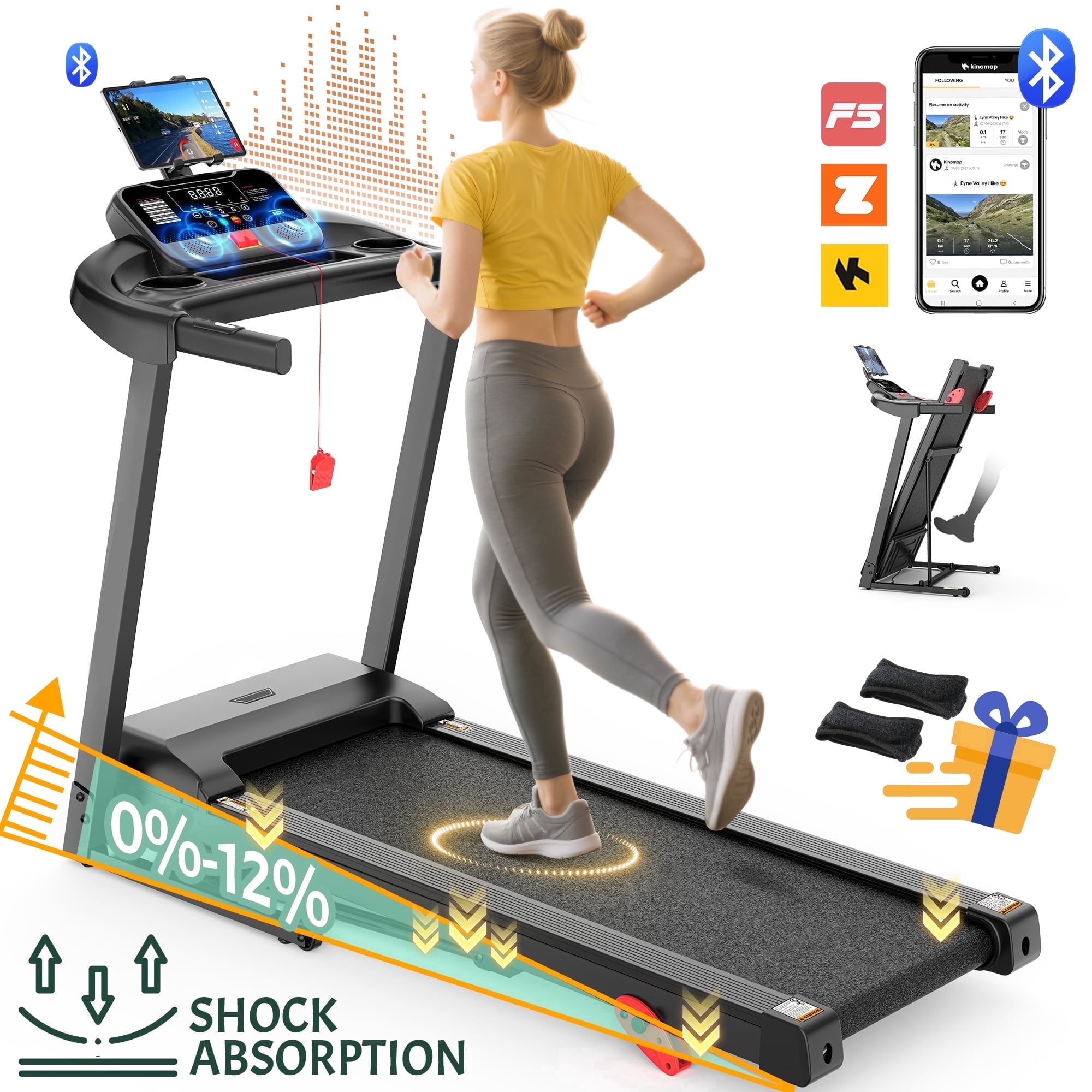 WNANEEZ 2.75HP Folding Treadmill 300 lbs Capacity, 3-Level  Incline, 0.6-7.5MPH, 64+3+3+1 Programs, Quiet Brushless Motor, Bluetooth App – Compact Running Machine for Home