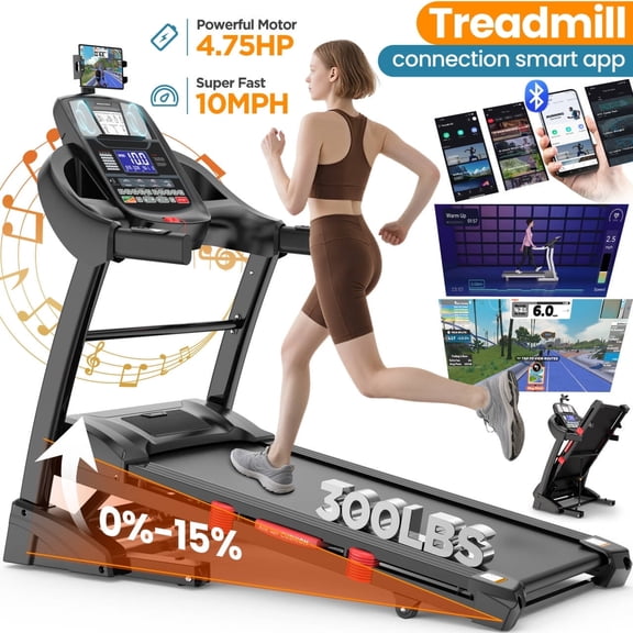4.75 HP Treadmill with Auto Incline, Running Treadmills for Home, Folding Treadmill with Handle Bars, Speaker, Treadmill 300 lb Capacity