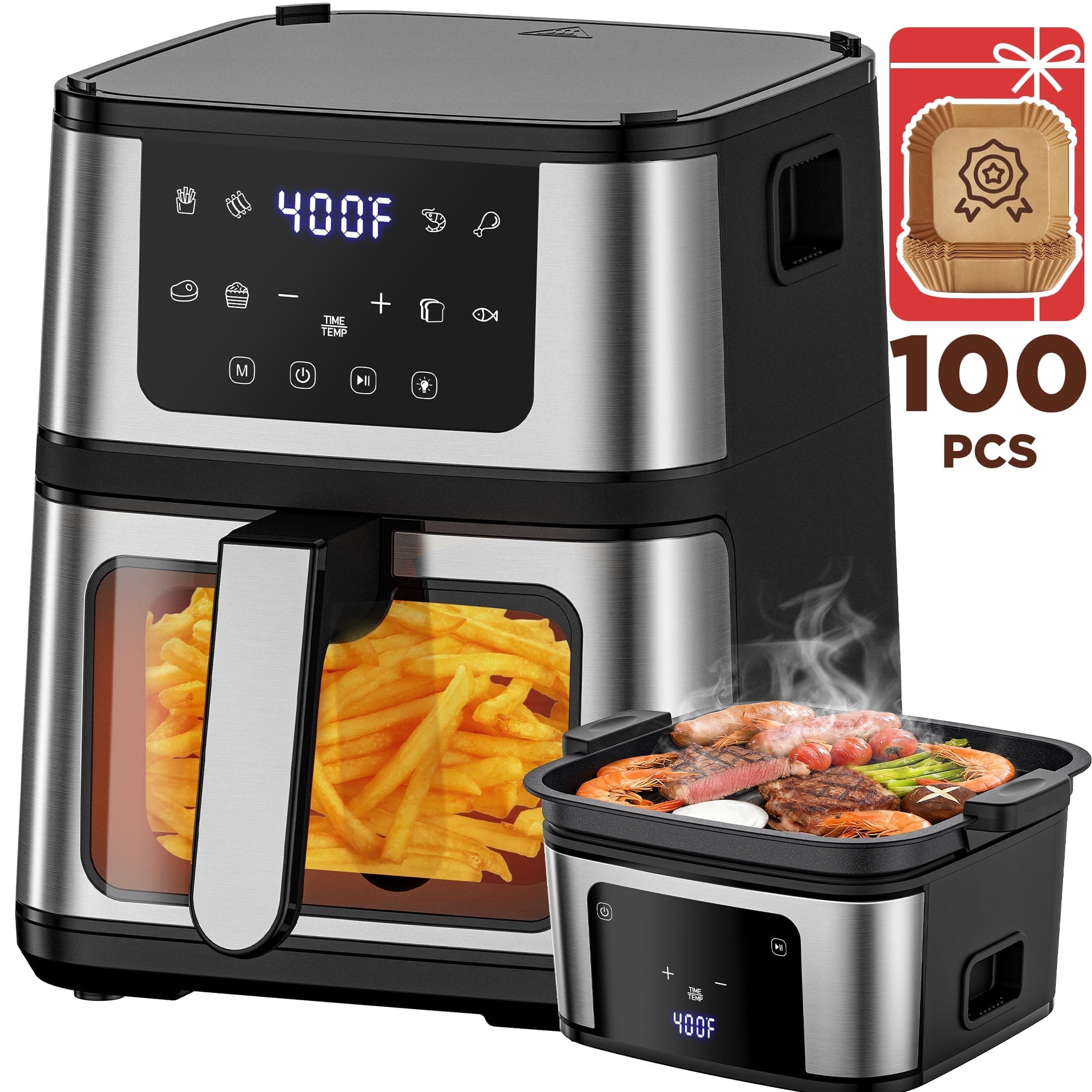 2-in-1 Air Fryer 7.5 QT Large Capacity Digital Hot Air Oven with Window & Light, Family Size Oil-Free Air Fryer with 8 Presets, Nonstick Easy Clean Basket, 100 Liners, Black