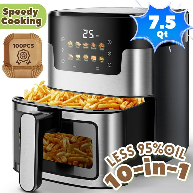 WNANEEZ Air Fryer 7.5 QT with Window & Light – Oil-Free Large Digital Air Fryer Oven for Family Meals, Easy to Use & Clean, Nonstick Basket + 100 Liners, 10-in-1 Countertop Air Fryer