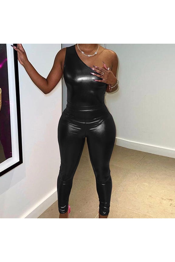 Black Bodysuit Women's Sexy Faux Leather Jumpsuits One Shoulder Sleeveless Shinny Skinny Onepiece Jumpsuit Black