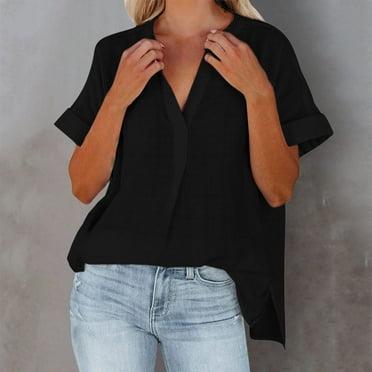 WNEGSTG Black Oversized Tshirts for Women, Women's Short Sleeved Thin V Neck Pullover Shirt Loose Shirt Top