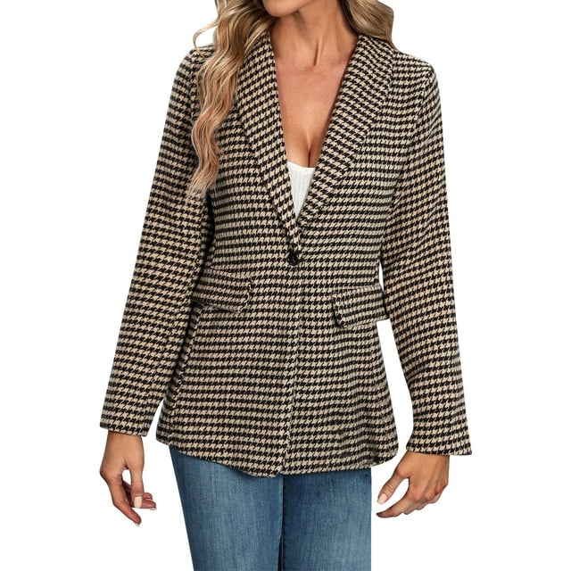 WNEGSTG Blazer Jackets for Women Houndstooth Buttoned Long Sleeve ...