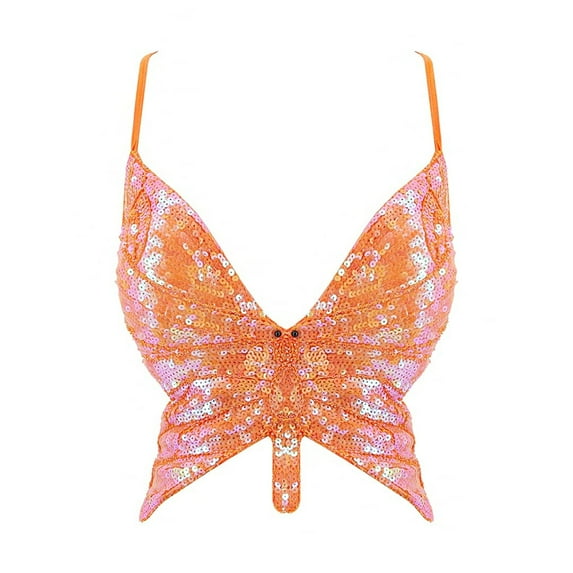 WNEGSTG Carnival Tank Top for Women, Sleeveless V Neck Sequin Blouse, Bandage Sparkly Crop Dance Vest Costume Bra Belly Outfits Women's, Orange