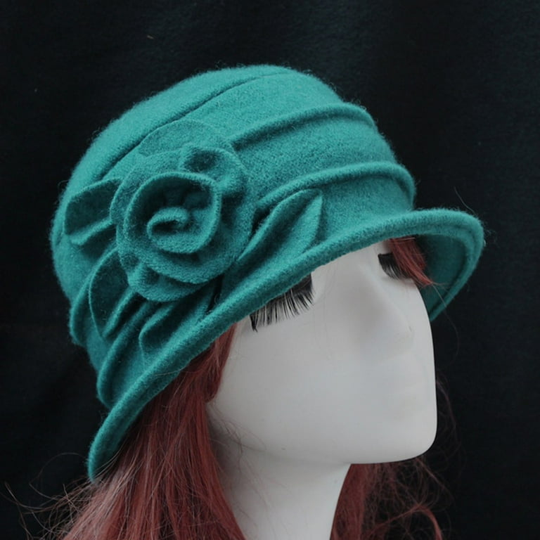 WNEGSTG Christmas Hat Green Christmas Hats Women s Ladies Elegant Wool Flower Hat Winter Vintage Cloche Bucket Cap Walmart