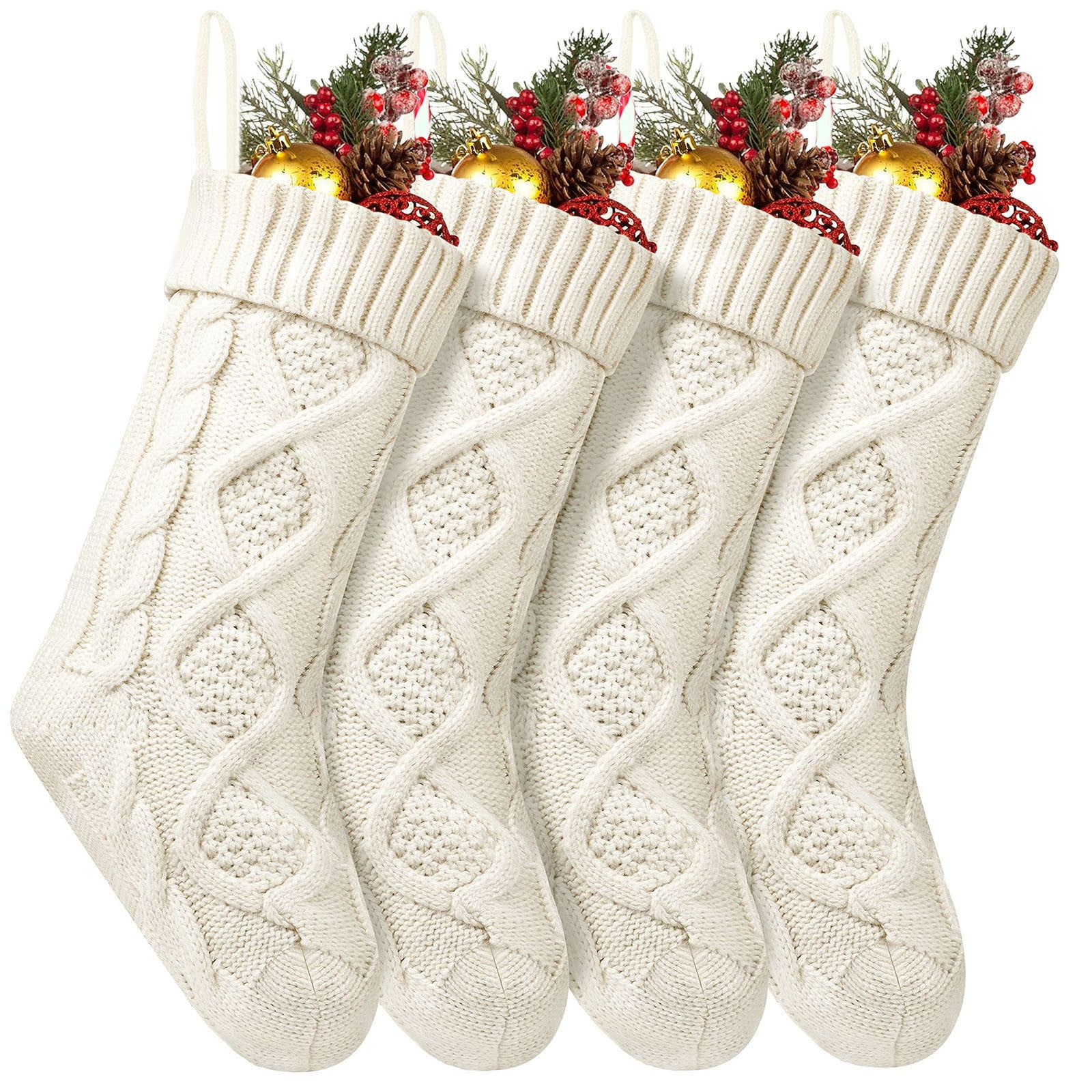 Ivory White Cable Knit Christmas Stockings, 18 Inches, 4 Pack