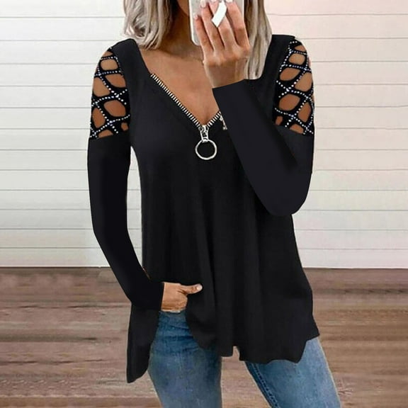 WNEGSTG Cold Shoulder Shirts for Women V Neck Hollow Rhinestone Solid Blouse Tunic T-Shirt Black