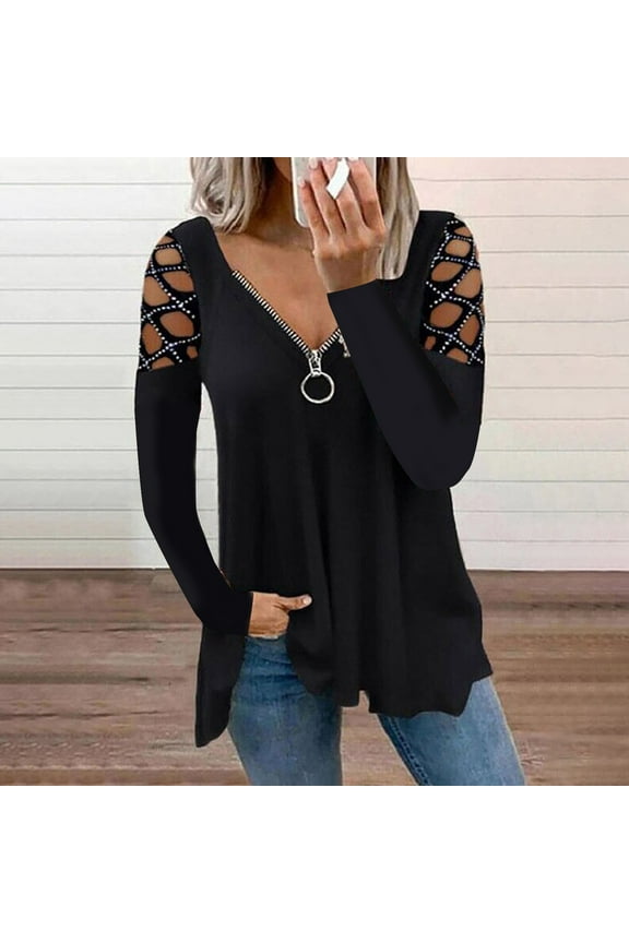 Cold Shoulder Shirts for Women V Neck Hollow Rhinestone Solid Blouse Tunic T-Shirt Black