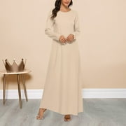 WNEGSTG Dresses for Women 2023 Casual Solid Muslim Dress Abaya Islamic Long Sleeve Under