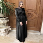 WNEGSTG Dresses for Women 2023 Casual Solid Muslim Dress Lantern Sleeve Abaya Islamic Arab Kaftan