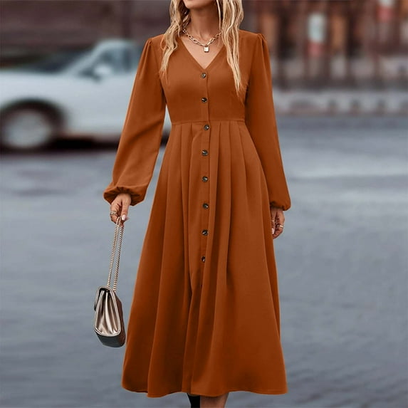 WNEGSTG Dresses for Women 2023 Elegant V Neck Long Sleeve High Waist Vintage Wedding Guest Cocktail Party Swing A Line Midi