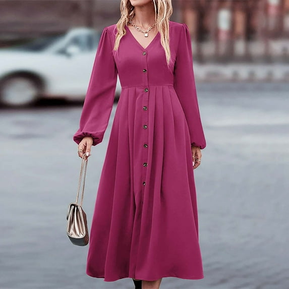 WNEGSTG Dresses for Women 2023 Elegant V Neck Long Sleeve High Waist Vintage Wedding Guest Cocktail Party Swing A Line Midi