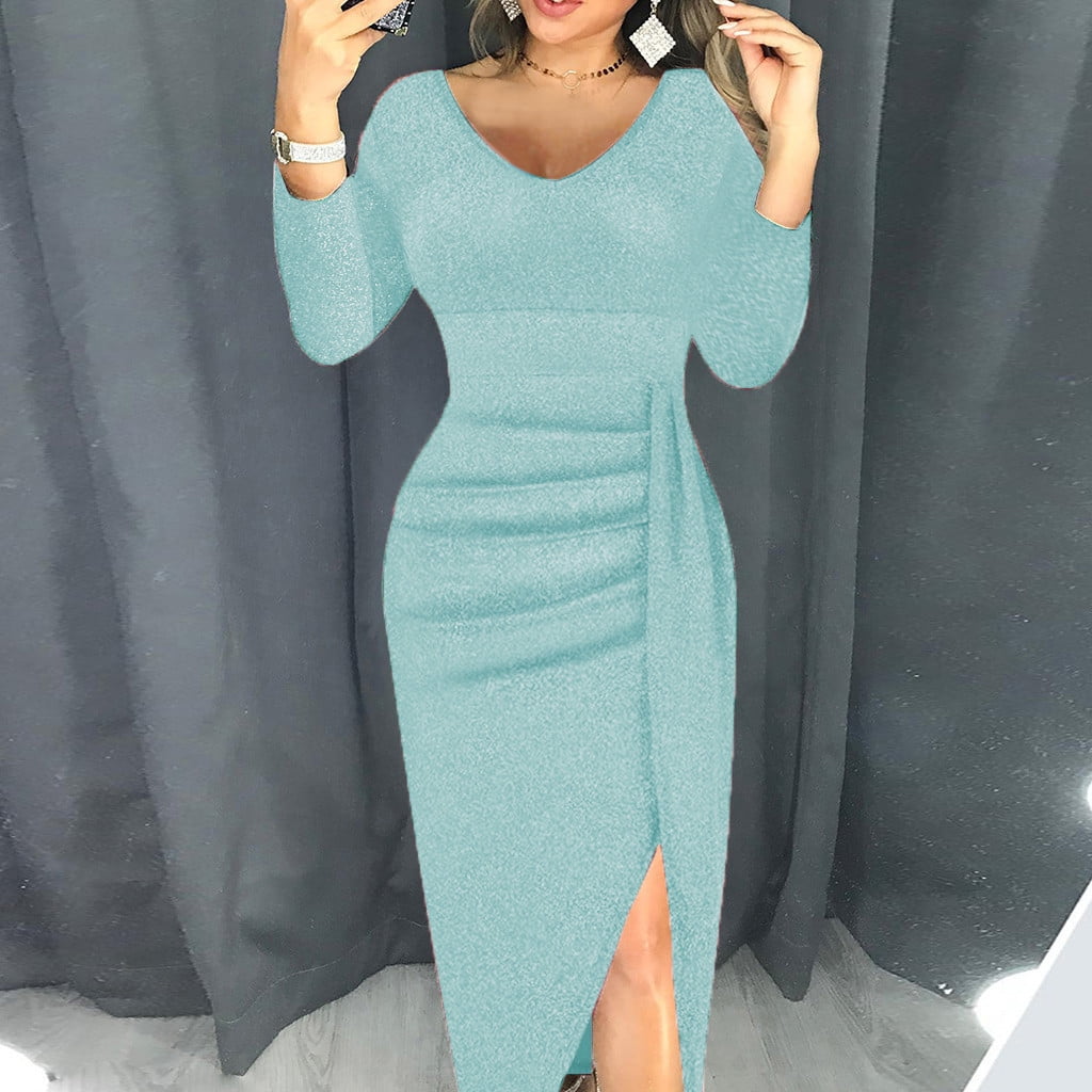 HuiSiFang Women's Bodycon Cocktail Dress – Ruffle Sleeve Beaded Pearl Midi Pencil Dress