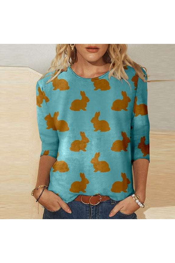 Easter Sweatshirt for Women, 3/4 Sleeve Crewneck Bunny Print T Shirt, Women Casual Round Neck Day Funny Tshirt, Blue XL