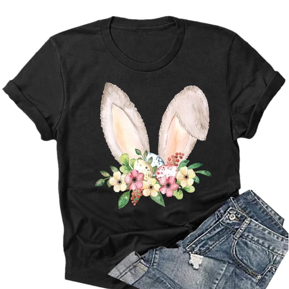 WNEGSTG Easter T Shirts for Women, Short Sleeve Crewneck Bunny Print Graphic Tee, Floral Round Neck Top, Black S