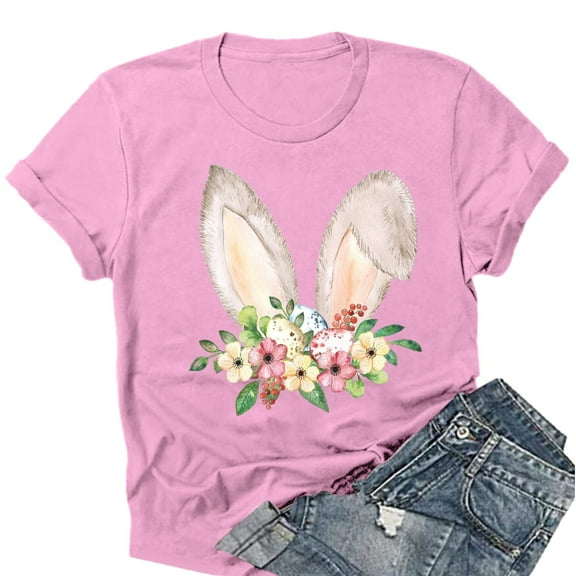 WNEGSTG Easter T Shirts for Women, Short Sleeve Crewneck Bunny Print Graphic Tee, Floral Round Neck Top, Pink S