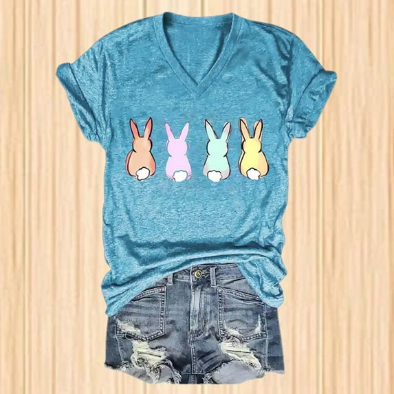 WNEGSTG Easter T Shirts for Women, Short Sleeve V Neck Bunny Print Graphic Tee, Women's Pastel Bunnies Print V Neck T Shirt, Blue XXL