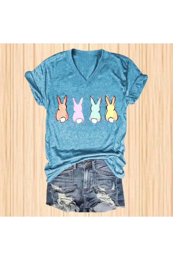 Easter T Shirts for Women, Short Sleeve V Neck Plus Size Bunny Print Graphic Tee, Women's Pastel Bunnies Shirt, Blue 3XL