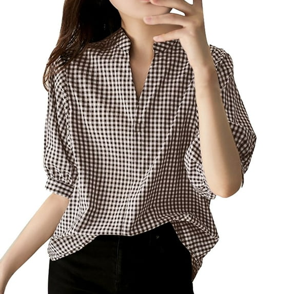 WNEGSTG Half Sleeve Shirts for Women Loose Casual V Neck Plaid Puffed Checkered Shirt Khaki