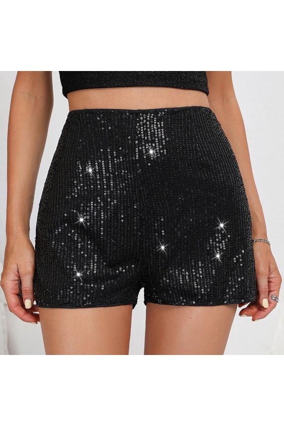 High Waisted Sequin Shorts for Women Elastic Straight Leg Sparkly Glitter Party Shorts Black