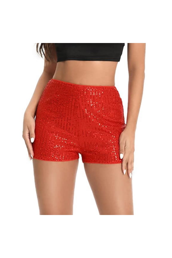High Waisted Sequin Shorts for Women Elastic Straight Leg Sparkly Glitter Party Shorts Red