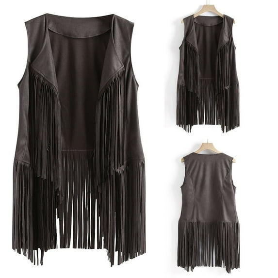 WNEGSTG Jackets for Women Autumn Winter Suede Ethnic Sleeveless Tassels Fringed Vest Cardigan