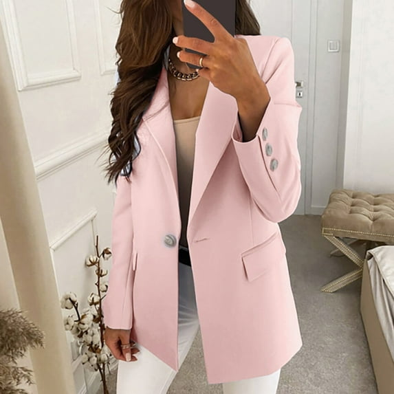 WNEGSTG Jackets for Women, Women Casual Solid Single Button Lapel Long Sleeve Slim Suit Temperament Blazers Coat for Office Ladies, Pink S