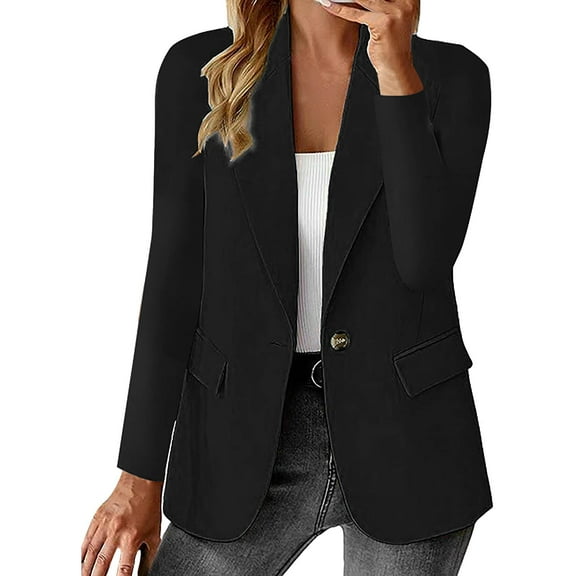 WNEGSTG Jackets for Women, Womens Casual Open Front Long Sleeve Lapel Collar Button Work Office Business Jacket, Black S