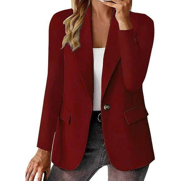 WNEGSTG Jackets for Women, Womens Casual Open Front Long Sleeve Lapel Collar Button Work Office Business Jacket, Red M