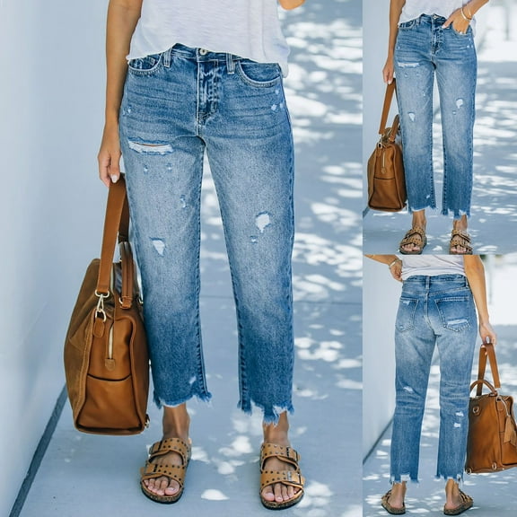 WNEGSTG Jeans for Women Ripped Light Blue Casual Cropped Straight Wash Jeans