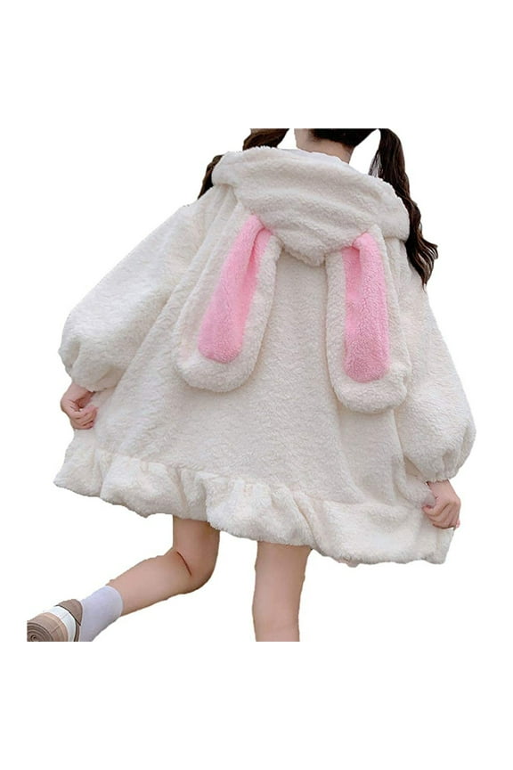 Kawaii Anime Bunny Ear Hoodies for Women Sweet Lovely Fuzzy Fluffy Rabbit Sweater Tops Cosplay Jacket Coats