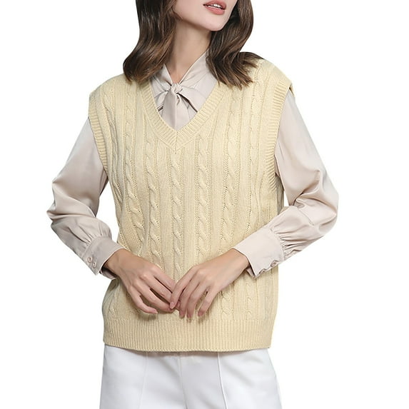 WNEGSTG Ladies' Solid Color Knit Vest V Neck Vest Sweater Sleeveless Pullover Beige