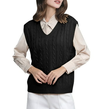 WNEGSTG Ladies' Solid Color Knit Vest V Neck Vest Sweater Sleeveless Pullover Black