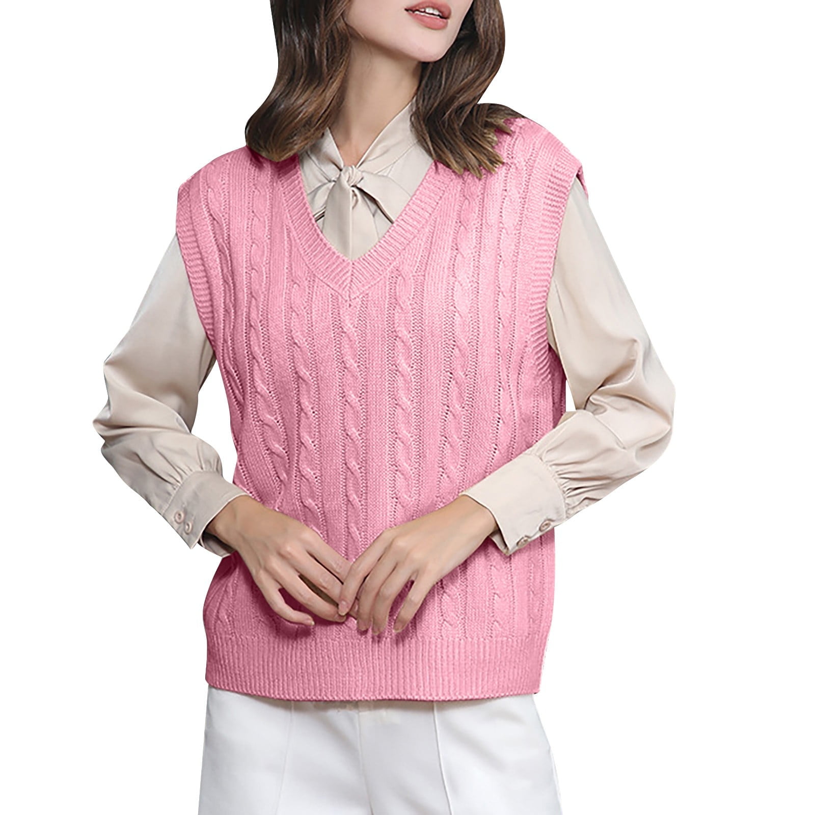 WNEGSTG Ladies' Solid Color Knit Vest V Neck Vest Sweater WNEGSTG Ladies' Solid Color Knit Vest V Neck Vest Sweater