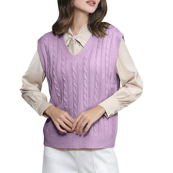 WNEGSTG Ladies' Solid Color Knit Vest V Neck Vest Sweater Sleeveless Pullover Purple