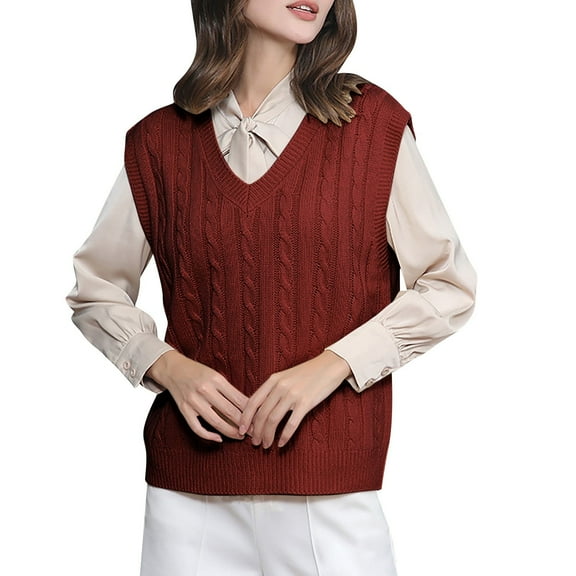 WNEGSTG Ladies' Solid Color Knit Vest V Neck Vest Sweater Sleeveless Pullover Red