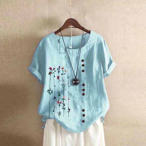 WNEGSTG Linen Shirts for Women Floral Short Top Plus Bohemian Shirt Size Embroidered Sleeves Women Blouse Plus Size Tops